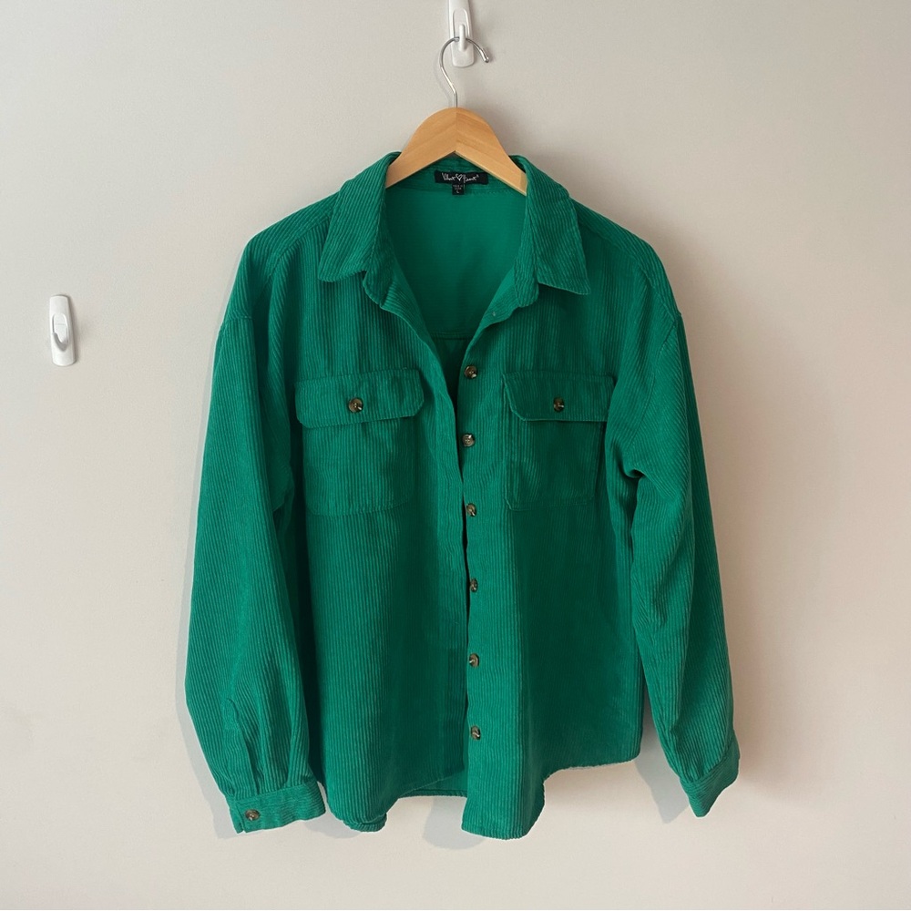 Vintage Corduroy Velvet Heart Emerald Green Button-Up Shirt